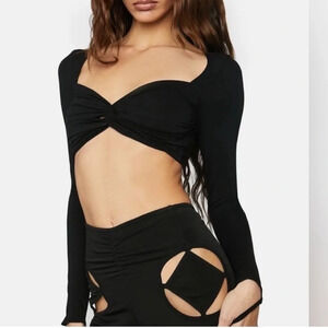 The Kript Black Bra Super Crop Top Twist Front Black XS Long Sleeve Edgy Street